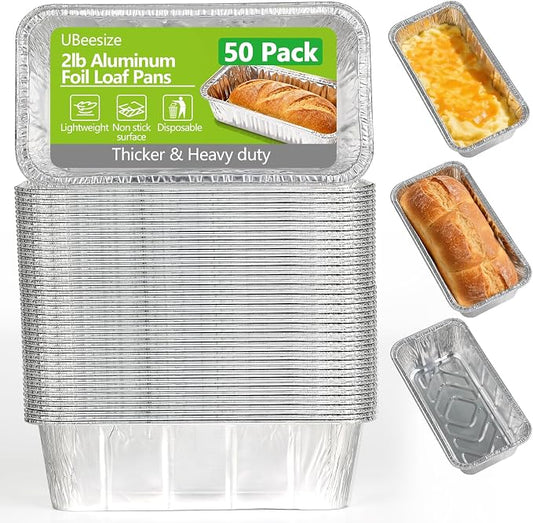 UBeesize 2Lb Thicker & Heavy Duty Disposable Aluminum Loaf Pans, 50 Pack Ultra Sturdy 8.5 x 4.5 Foil Bread Pans for Baking Banana Bread, Cakes, Meatloaf & Food Storage