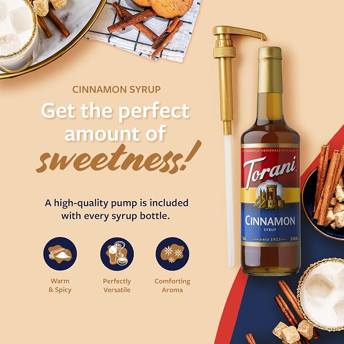 Torani Coffee Syrup, Cinnamon Flavored Syrup for Drinks, Glass Bottle 4-Pack, Pumps Included, 25.4 Fl Oz