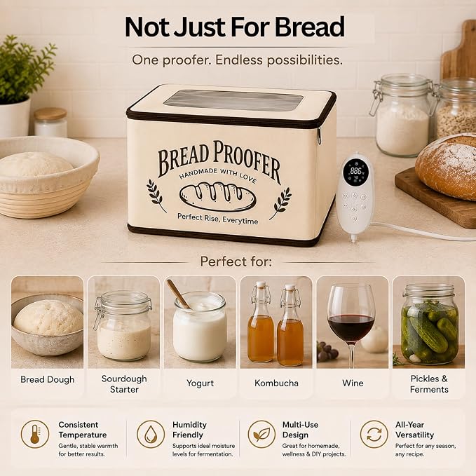 Bread Proofing Box - Folding Dough Proofer - Foldable Sourdough Warmer - 70-158°F Temp and 48H Timer Controller - Bread Making Kit with Dough Warming Box, Banneton Basket, Lame, Scraper, Metal Rack
