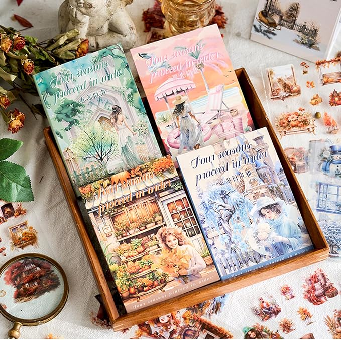 Four Seasons Style Stickers Scrapbooking Supplies for Junk Journal, Four Sticker Books, 80 Sheets PET Stickers