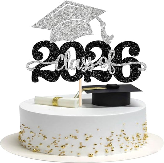 1 Pack Class of 2026 Cake Topper Glitter Congrats Grad Cap 2026 Graduation Cake Pick for 2026 Graduation Theme High School Boys Girls Graduate Party Cake Decorations Supplies Black Silver