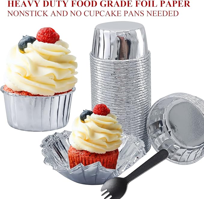 50 Pack Foil Cupcake Liners with Dome Lids,LNYZQUS 5oz Large Cupcake Cups,Disposable Muffin Tins Ramekins Pans Baking Cups Wrappers Holders-Silver
