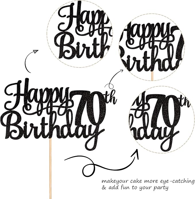 1 PCS Happy 70th Birthday Cake Topper Glitter Cheers to 70 Years Birthday Cake Pick Seventy 70 Fabulous Cake Decoration for Happy 70th Birthday Theme Party Decorations Supplies Black