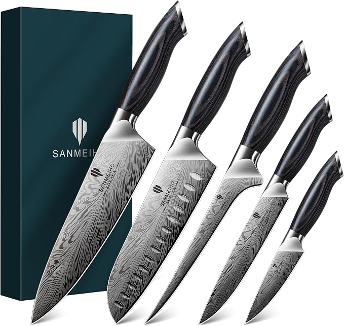 5PCS Knife Set, Kitchen Knife Sets in Powder Steel, Ultra Sharp Japanese Knives Set High Carbon Steel Chef Knives Sets, Cooking Knives Set with Ergonomic Pakkawood Handle