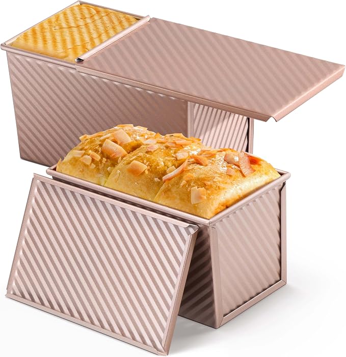 LIANYU Pullman Loaf Pan with Lid, 1 Pound Bread Loaf Pan Set of 2, Homemade Sourdough Sandwich Bread Toast Box, Baking Tins with Cover, Rose Gold