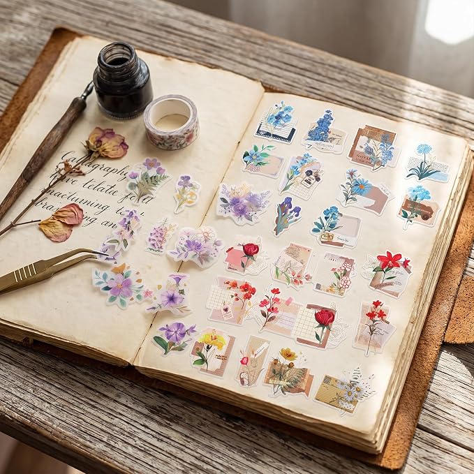 Pengxiaomei 210 Pieces Flower Stickers, Scrapbooking Stickers Self-Adhesive Bible Flower Scrapbooking Supplies Journal for DIY Craft, Planners, Journal, Notebook Card