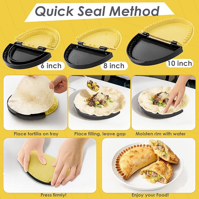 3-in-1 Tortilla Sealer, Tortilla Crimper Includes Free Rolling Pin – Adjustable and Removable 6, 8 & 10 Inch Plates for Burritos, Tacos, Quesadillas, Dumplings & Sandwiches – Yellow & Black