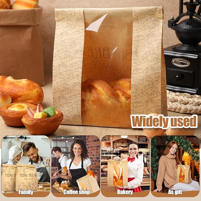 Feifeiya 150 Set Bread Paper Bags for Homemade Sourdough Kraft Bread Bags with Clear Window Seal Stickers 14'' x 8.3'' x 3.5'' Large Bakery Packaging for Storage Baked Goods Cookies