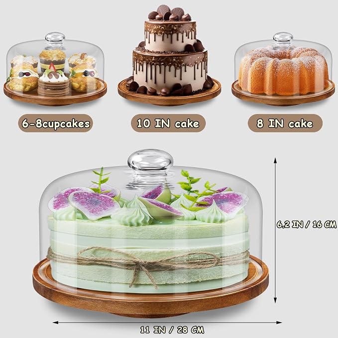 Yangbaga 11IN Wood Cake Stand with Dome Lid, Rotating Cake Stand with Glass Dome- Cake Plate with Cover for Baking Gifts/Birthday Kitchen/Party/Weddings