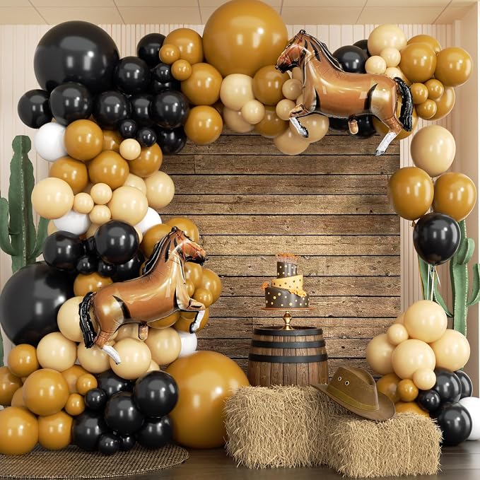 Western Balloons Garland Arch Kit 166Pcs - 5 10 12 18 inch Different Size Black and Brown with Cowboy Horse Balloon for Boy First Rodeo Wild West Country Birthday Farm Fiesta Party Decoration