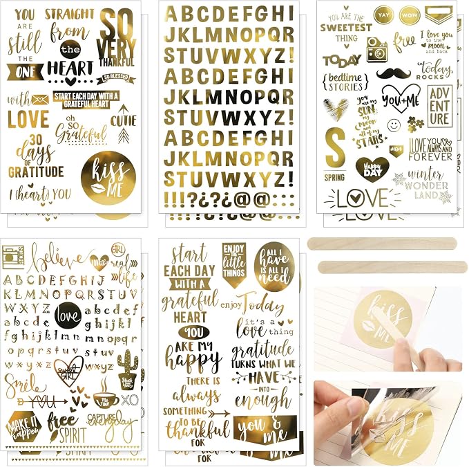 Chinco 10 Sheets Scrapbook Stickers 400+ PCS Love Wedding Gold Scrapbook Stickers Romantic Gold Foil Transfer Scrapbooking Supplies for Anniversary (Warm Style)