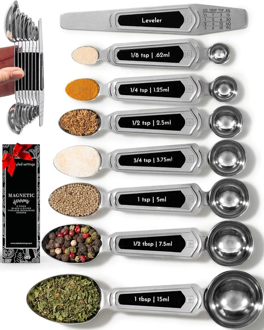 Stainless Steel Magnetic Measuring Spoons Set - 8-Piece Heavy Duty Metal, BPA-free, Stackable, Double Sided Measuring Spoons with Leveler for Dry and Liquid Ingredient - Fits in Spice Jars