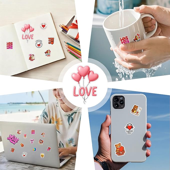 100 Pcs Love Stickers Pack, Cute Heart Pink Envelopes Motiavation | Vinyl Waterproof Decals for Scrapbooking Journaling Water Bottle Laptop, Couple Friendship Teens Adults Mom Women Positive