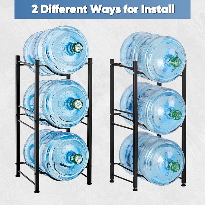 5 Gallon Water Jug Holder 3 Tier Water Bottle Storage Rack Organizer Heavy Duty Metal Water Dispenser Stand for Kitchen Office Garage Black