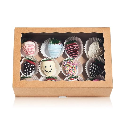 25PCS10 x 7 x 2.5 inches One Piece Professional Strawberry Boxes, Cookie Boxes, Natural Kraft Brown Paper Boxes with Display Window