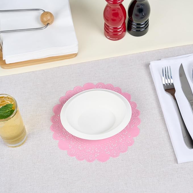 Pastry Tek 8 x 8 Inch Paper Lace Doilies, 4000 Disposable Table Doilies - Elegant Lace Finish, Long Lasting, Pink Paper Doily, for Pastries, Cupcakes, Desserts - Restaurantware