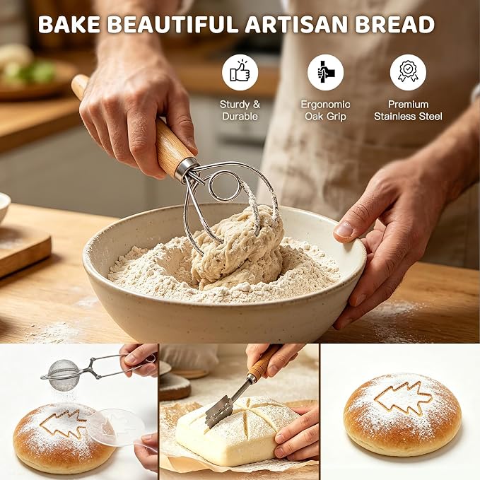 Sourdough Starter Kit - 10 Inch Round Sourdough Proofing Basket with Linen Liner, Handmade Dough Rising Bowl for Artisan Bread Making, Fermentation Tool for Home Bakers - Complete Kit with Scraper