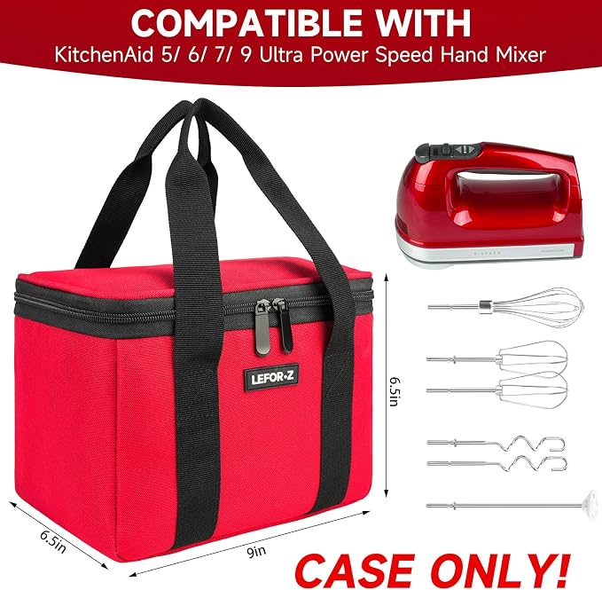LEFOR·Z Hand Mixer Carrying Bag Compatible with KitchenAid 5/6/7/9 Ultra Power Speed Hand Mixers,Portable Travel Storage Case Bag Fits for Kitchen Aid Mixer Accessories,Red(Bag Only)