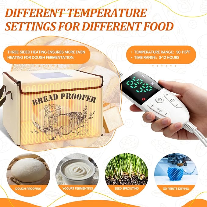 Folding Bread Proofing Box with Lid, Bread Proofer 3-Side Even Fever 50-113℉ Temp Control for Dough Yogurt Fermentation with Adjustable Temperature & Timer Contrller