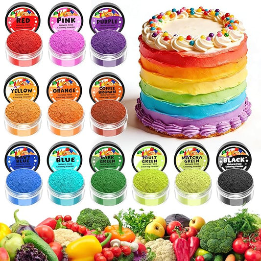 Natural Food Coloring - 12 Colors Plant Based Food Coloring Powder, FD&C & Artificial Dye Free, High Concentrated Natural Food Dye for Baking, Frosting, Fondant, Cake Decorating - 4g/0.14oz each