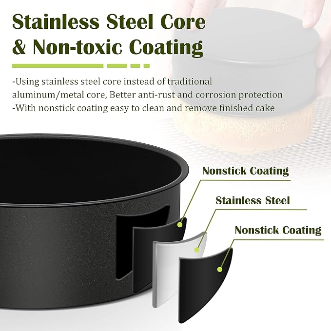 E-far 8 x 3 Inch Cake Pan Set of 3, Nonstick Stainless Steel Round Cake Pans Tin for Baking Birthday Wedding Layer Cakes, Stainless Steel Core & Non-toxic Coating, Deep & Straight Side