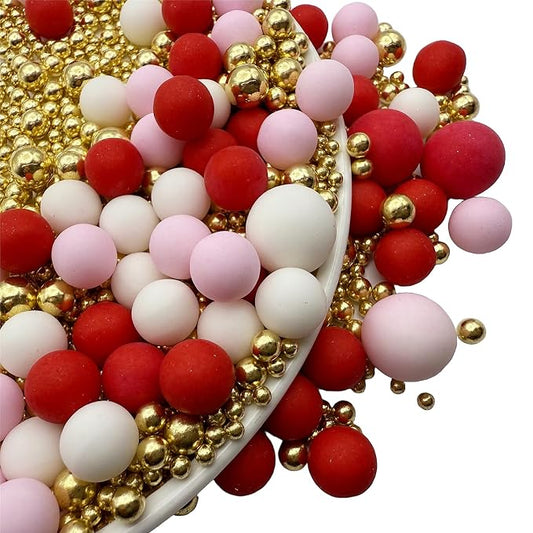 SE Si&Moos Gold Pink Red and White Sprinkles for Cake Decorating Valentines Sprinkles Red and Pink Edible Pearl Cake Decorations Gold Sprinkles for Cake, Cupcake, Baby Shower Birthday Party Holiday Christmas Supplies 3 OZ