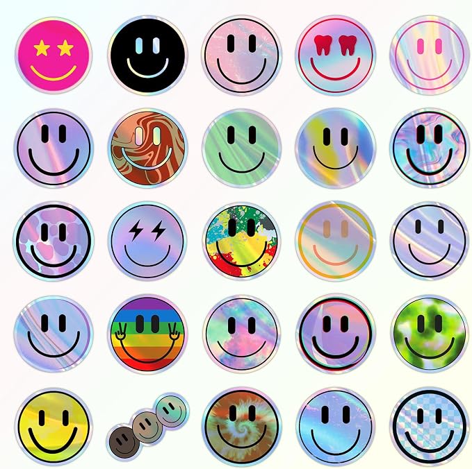 50PCS Smile Holographic Stickers | Cute Water Bottle Stickers for Kids, for Teaching Rewards, Notebooks, Stationery, Luggage, Cartoon PVC Smile Face Stickers