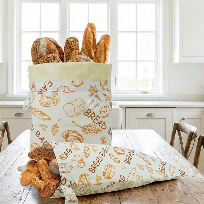 2 Pack Bread Bags For Homemade Bread,Cotton Beeswax Bread Bags For Sourdough,Waxed,Reusable Cloth Bread Bag With Locks For To Go Picnic Food Packaging