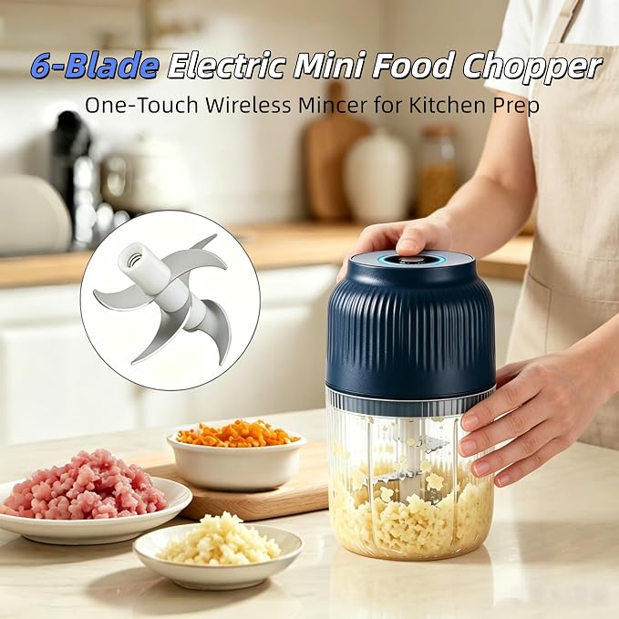 Electric Garlic Chopper, Mini Portable Veggie Chopper Garlic Grinder Masher Onion Chopper, Rechargeable Cordless Food Processor & Food Chopper for Ginger Chili Nut Meat Vegetables, 400ml (Blue)