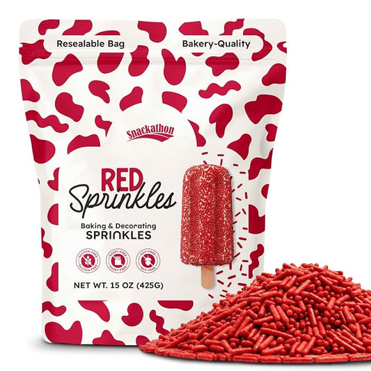 Snackathon Red Sprinkles for Baking & Decorating, 15 oz Vibrant Red Jimmies in Resealable Pouch – Gluten Free Sprinkles for Cakes, Ice Cream Toppings & Desserts