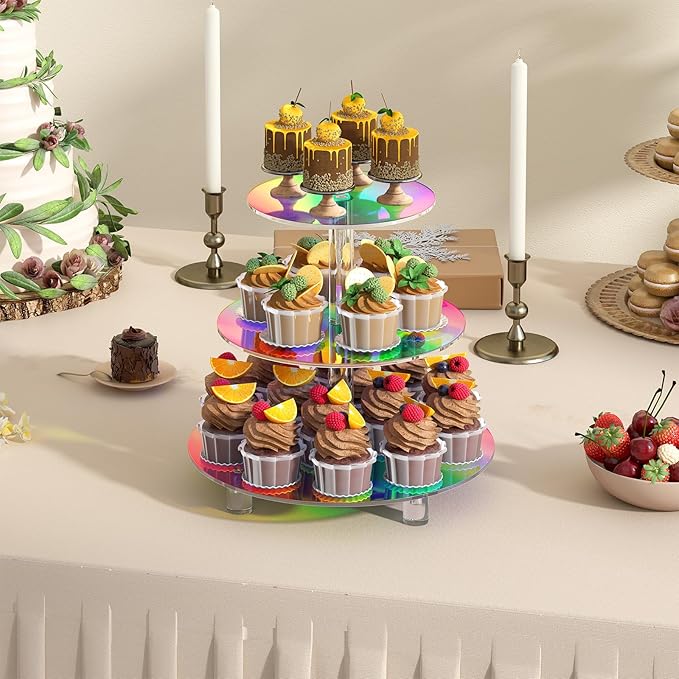3 Tier Iridescent Acrylic Cupcake Stand (6", 8", 10") with 4" Spacing - Rainbow Holographic Dessert Tower with Solid Rods - Color Changing Cake Display for Disco, Mermaid, & Birthday Party Decor (Rainbow Colors)