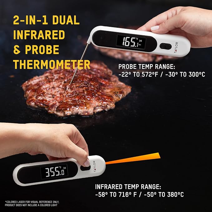 Taylor Infrared and Folding Probe Thermometer, Dual-Mode Instant Read Meat Thermometer for Cooking, Grilling, BBQ, Smoker, Air Fryer and Oil, Non-Contact, Waterproof, Backlit Display, White