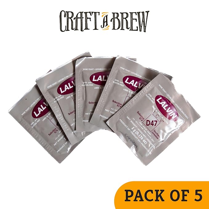 Craft A Brew - Lalvin ICV-D47 Wine Yeast - Dry Wine Yeast - For Full-Bodied, Complex White Wines & Meads - Ingredients for Home Fermenting - Wine Making Supplies - [5 Pack]