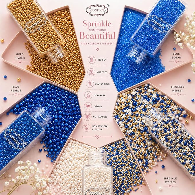 Confect Edible Sprinkles – Marine Royalty Theme – Assorted Pack with Navy Blue & Champagne Gold Dragees, Gold Jimmies & Bright Blue Sparkling Sugar – Sprinkles for Cake Decorating- Vegan, Gluten-Free, Nut-Free, Soy-Free, Dairy-Free, Palm Oil-Free-5 Oz
