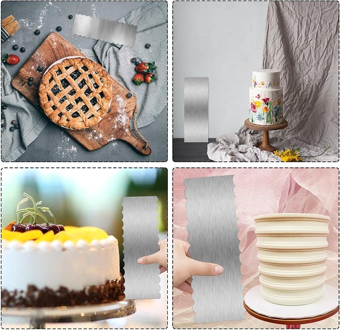 3 Piece 9 Inch Stainless Steel Cake Scraper, Cream Cake Scraper Sided Patterned Edge Stripe Edge Smoother Scraper Cake Smoother Frosting Scraper Cake Decorating Comb for Mousse Butter Cream