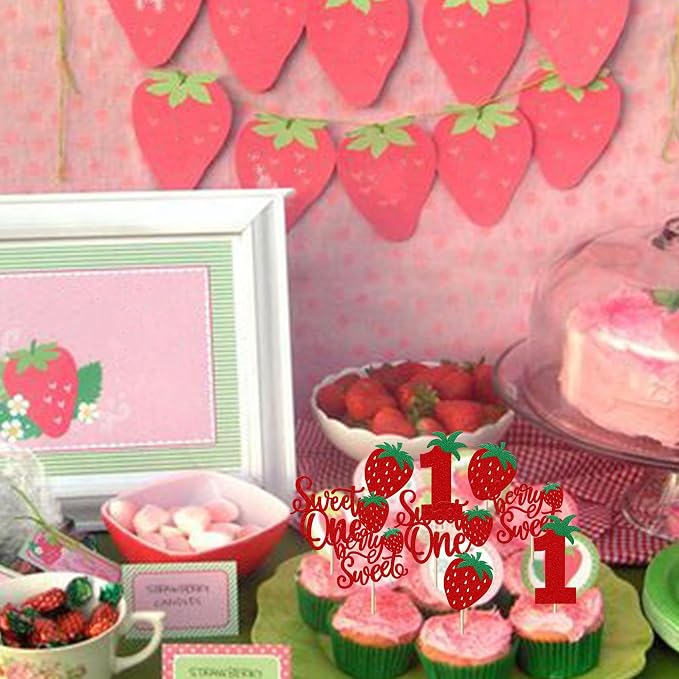 24 Pack Sweet One Cupcake Toppers Glitter First Birthday Strawberry Cupcake Picks for Fruit Baby Shower 1st Birthday Berry Sweet Cupcake Decorations Party Supplies Red