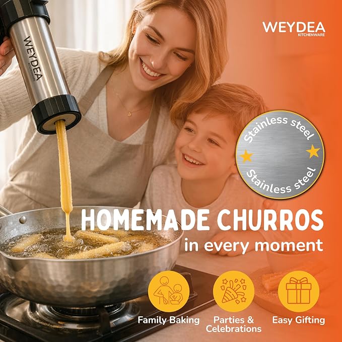 Churro Maker Kit Stainless Steel– Churrera Press with 3 Discs, 8 Piping Nozzles, Pastry Bag and Silicone Donut Mold – DIY Baking Set for Home