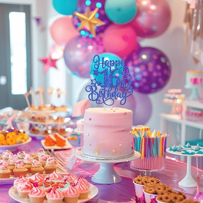 1 PCS Happy 16th Birthday Cake Topper Glitter Cheers to 16 Years Birthday Cake Pick Hello 16 Fabulous Cake Decoration for Happy 16th Birthday Anniversary Party Decorations Supplies Blue