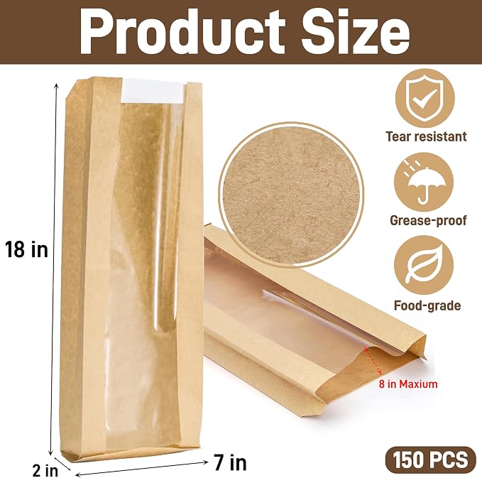 150 Pack Paper Bread Bag with Window, 18"x7"x2" Long French Bread Bag, Brown Kraft Baguette Bags, Loaf Storage Packing Sacks Biscuits Packaging for Homemade, Bakery, Coffee Bar