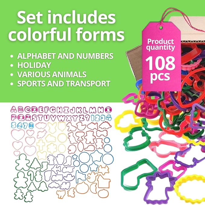 Pack of 108 Cookie Cutters Kit – Big Set of Plastic Cake Cookie Cutters Perfect Size Alphabet Numbers Holiday and Other Shapes for Baking Bento Box Bakeware for Holiday Birthday Party