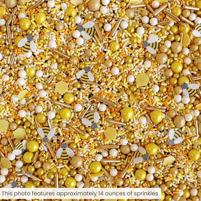 Sprinkle Pop Honey Bee Sprinkle Mix| Yellow Gold Sprinkles with ~10 Bees Honeycomb Wafer Papers, Black Pops and Cream Hues| Summer Sprinkles Made in USA for Decorating Cakes Cupcakes Cookies, 2oz