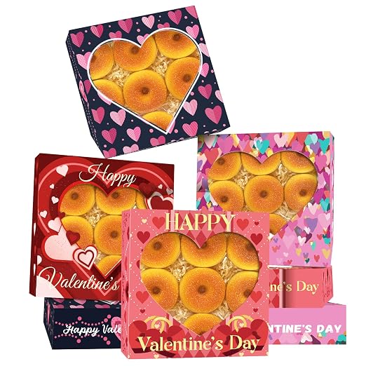 qiqee Auto-pop Up Valentine 12pcs Pie Boxes 10x10x2.5 inches Easy Assemble Macaroon Cookie Bakery Boxes with Window for Valentine's Day