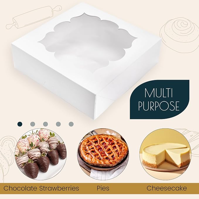 NPLUX 30 Pack Pie Boxes with Window 10x10x3 in Bakery Boxes Perfect for Pies, Cheesecake, Cookies, Muffins and Chocolate Covered Strawberries, Graduation Gifts Party Favors(White)