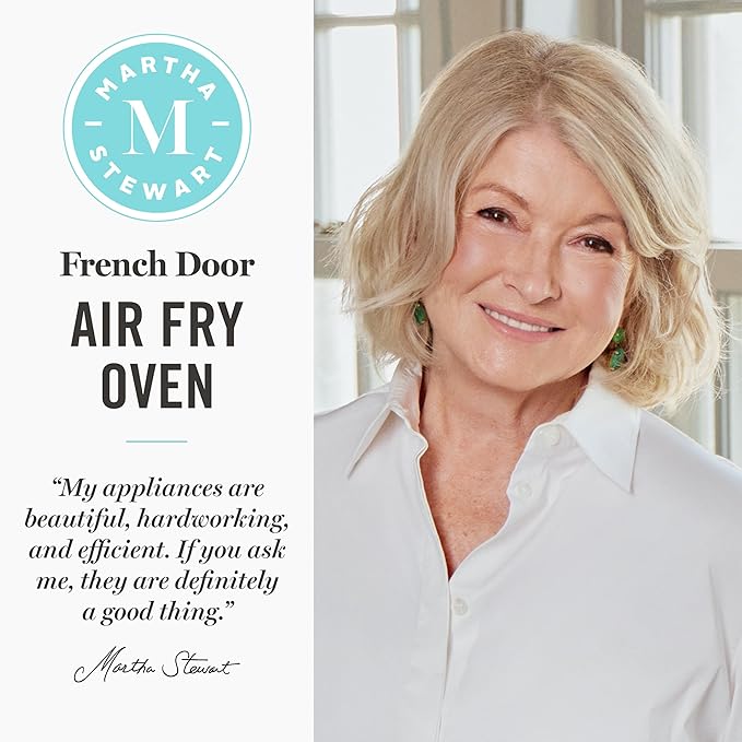 Martha Stewart French Door Air Fryer Toaster Oven Combo, 34QT Countertop Convection, 12-in-1, Bake, Broil, Roast, Fits 12” Pizza, Dehydrate, 5 Accessories, Air Fry Basket, Stainless Steel, Indigo Blue