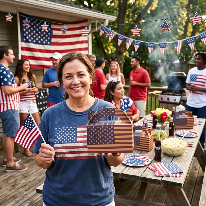 Colarr 24 Pcs 4th of July Treat Boxes Patriotic American Flag Prints Goodie Boxes with Handles 250th Anniversary Kraft Paper Cookie Box Candy Party Favor Box for Independence Day Celebration