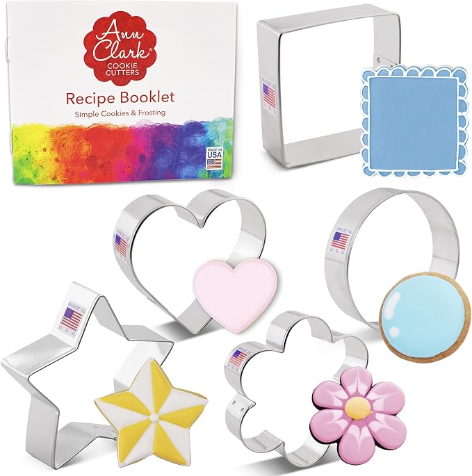 Ann Clark Basic Cookie Cutters 5-Pc. Set (Star, Heart, Circle, Square, Flower) Made in USA