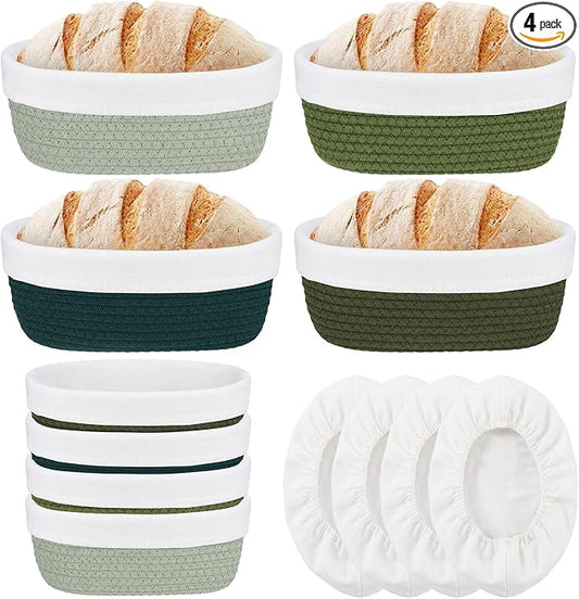 4 Pcs 10 Inch Cotton Rope Banneton Bread Proofing Basket Set Oval Banneton Basket Sourdough Bread with Liners Covers for Baking Supplies (Green Tones)
