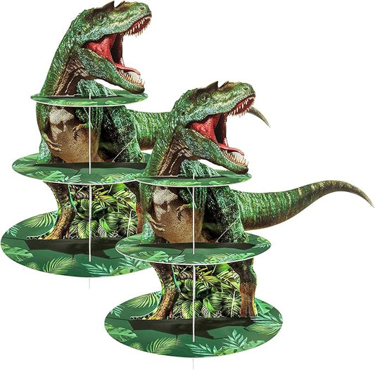 BACUTHY 2 Pack Cupcake Stand Dinosaur Birthday Party Decorations Favors, Dinosaur Cup Cake Toppers Towers Three Rex Baby Shower Supplies for Boy&Girl