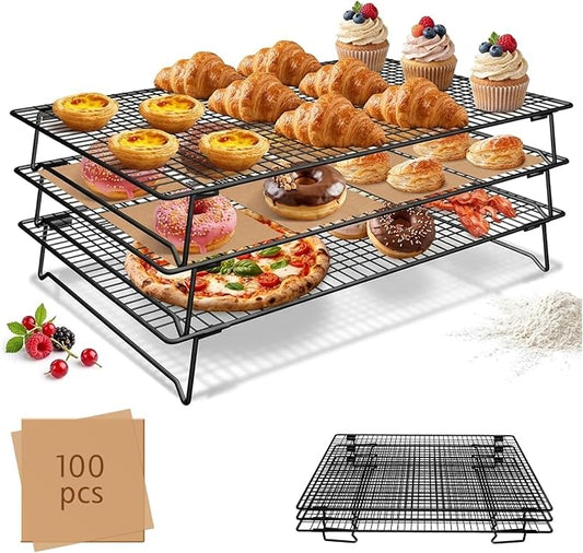 Stackable Cooling Racks 3-Tier 17x11in with 100 Parchment Papers | Heavy duty wire baking rack for cookies, cake, pizza & bacon. Collapsible for storage. Includes 4x4in non-stick sheets.