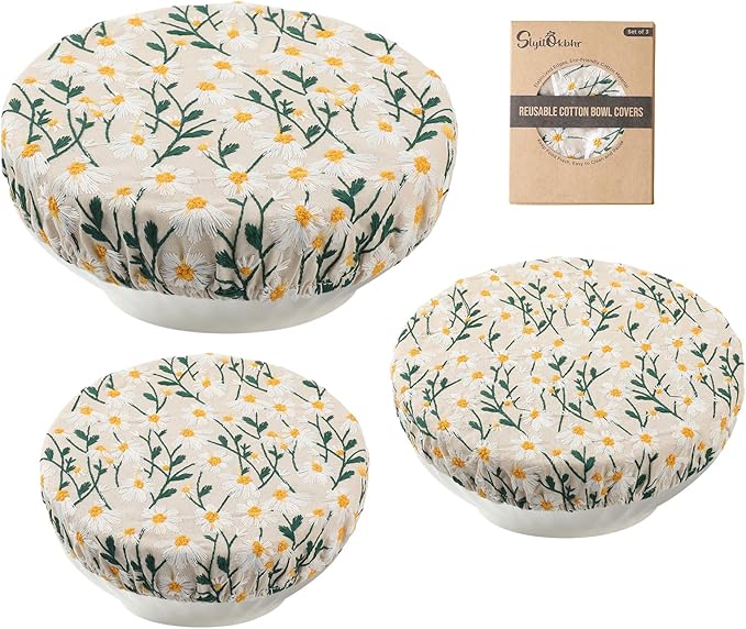 Reusable Bowl Covers for Bread Proofing Baking Embroidered Daisy Linen Cotton Cloth Fabric Washable with Elastic Cover for Food Fruit Salad Eco-friendly (Beige Daisy Field)